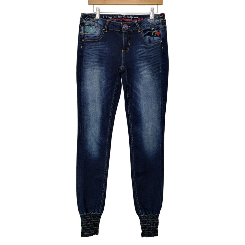 Desigual Women's Embroidered Elastic Hem‎ Jogger Jeans Size 32 Blue Denim Artsy